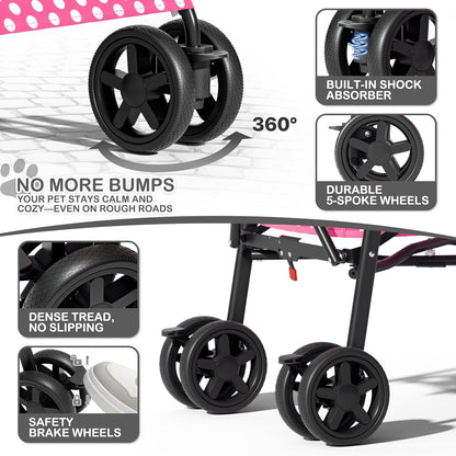 MoNiBloom 4 Wheels Pet Stroller, Easy-Fold Puppy Cage Jogger Stroller with Sun Cover, Pad and Rear Storage Bag, Breathable and Visible Mesh for Small/Medium Pets up to 22 lbs, Black