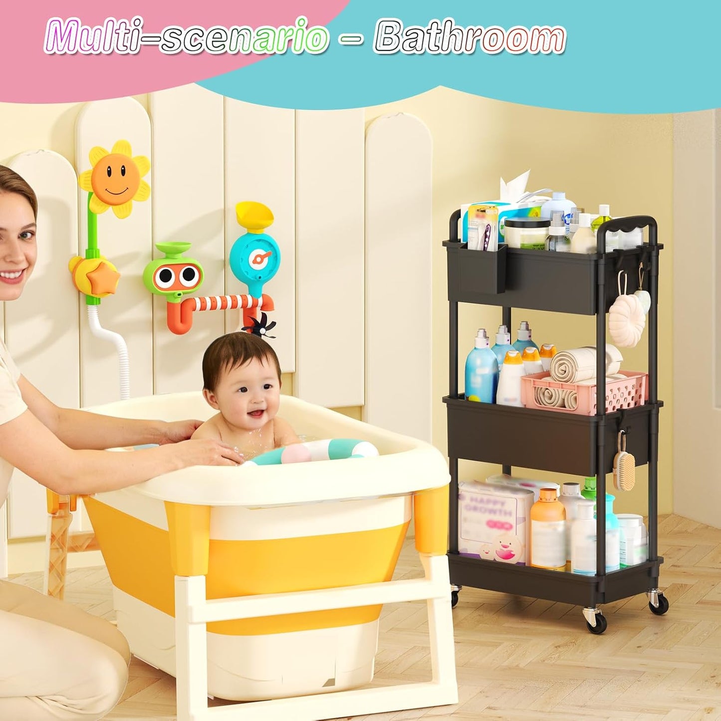SUNALLY Baby Diaper Caddy Cart, 3 Tier Rolling Diaper Cart with Lockable Wheels for Nursery Essentials, Large Capacity & Easy Assemble Diaper Storage Organizer for Newborn,New Mom, White