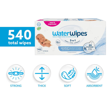 WaterWipes Sensitive+ Newborn & Baby Wipes, 3-In-1 Cleans, Cares, Protects, 99.9% Water, Unscented & Hypoallergenic, 720 Count (12 Packs)