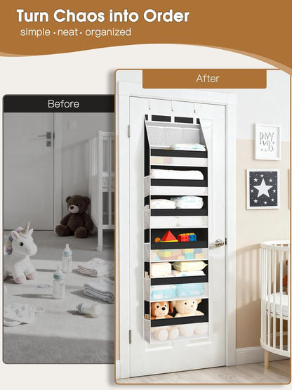 Criusia Over the Door Organizer, 6-Shelf Closet Hanging Storage with 13 Mesh Pockets, 55lbs Capacity Behind the Door Storage for Baby Nursery, Bathroom, Bedroom, and Dorm, Beige