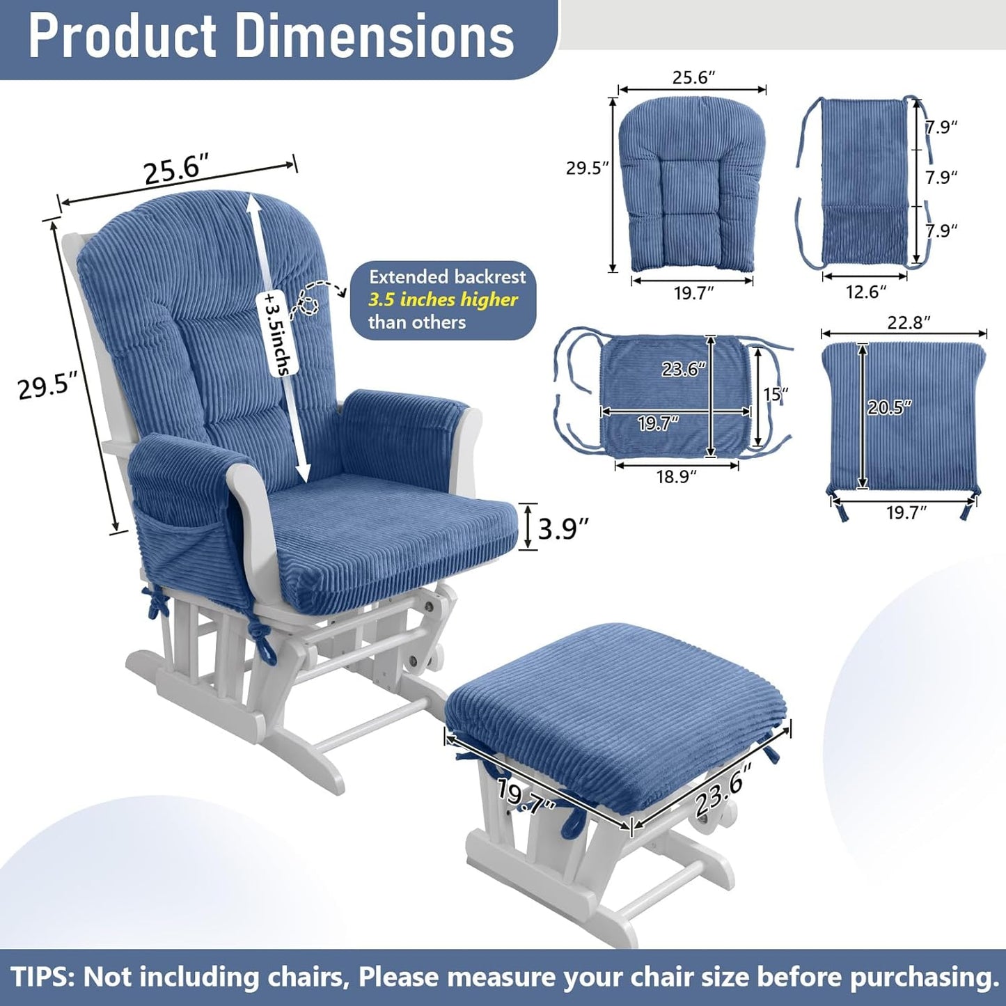 5PCS Glider Rocker Replacement Cushions with Storage Side Pockets, Thickened 3.5IN Seat & Supportive Striped Plush Rocking Chair Cushion Set with Ottoman Cover for Indoor Nursery, Beige