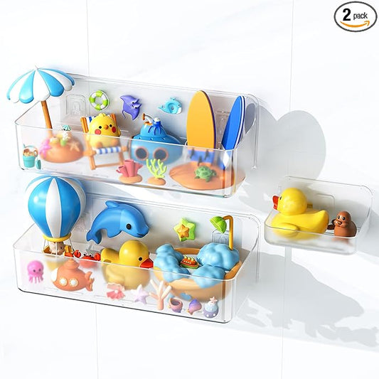 Nieifi Bath Toy Storage Holder, Bathtub Toy Storage, Large Capacity Bath Toy Organizer, Adhesive Shower Caddy for Bathroom, Clear (2 large + 1 small)