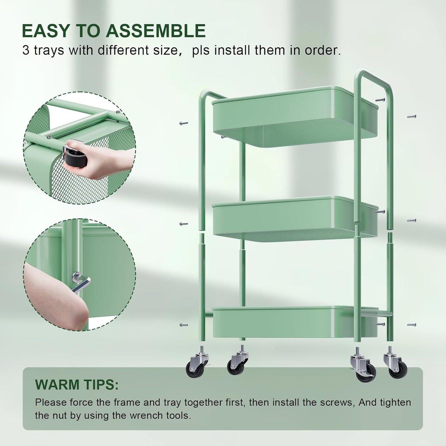 3 Tier Rolling Cart Metal with Lockable Wheels, Pink Three Tiered Diaper Caddy Cart Organizer on Wheels, Storage Utility Trolley Carts for Craft, Art, Nail, Lash, Baby Supplies, Cleaning, Mesh