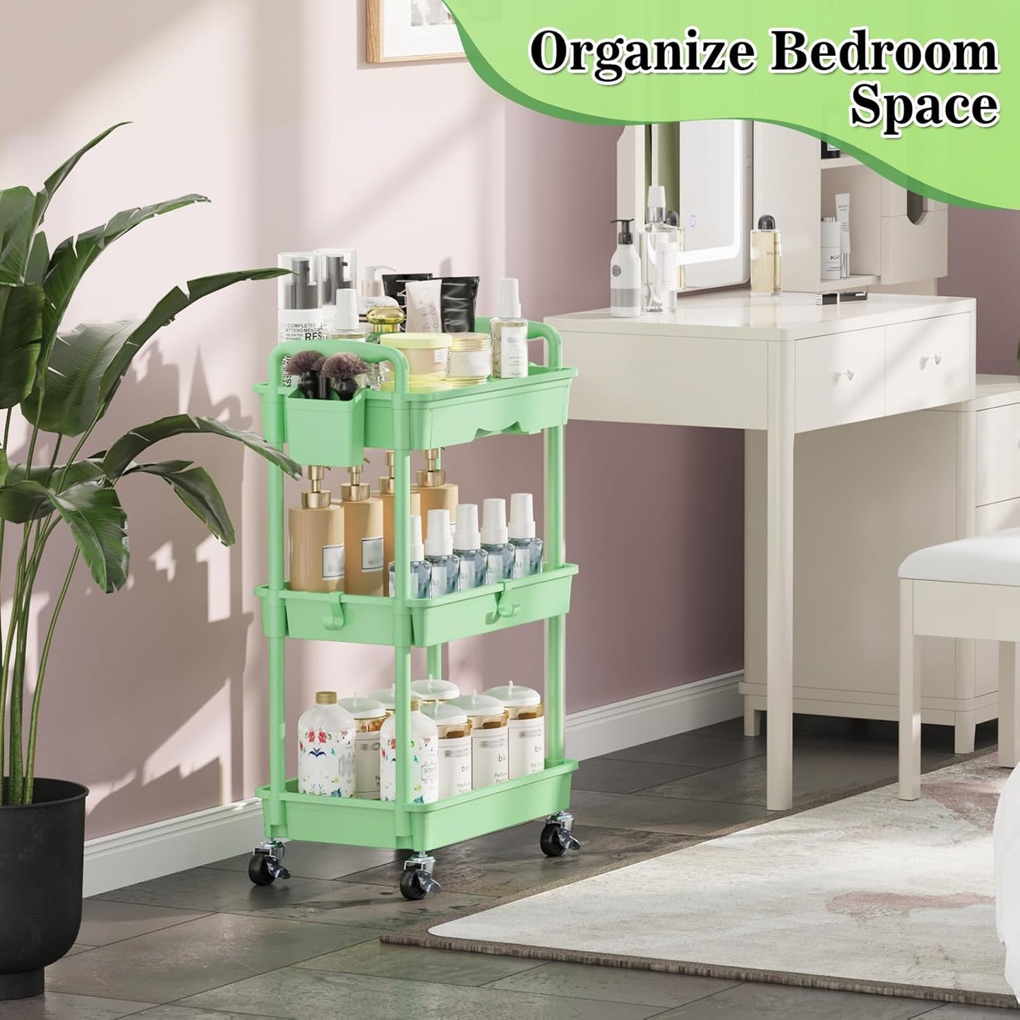 SUNALLY 3 Tier Rolling Cart with Drawer, Bathroom Storage Organizer with 2 Lockable Wheels, Multifunctional Rolling Storage Cart for Bathroom, Kitchen, Office, Craft, Makeup, Baby Essentials, White