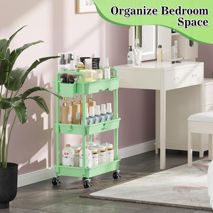 SUNALLY 3 Tier Rolling Cart with Drawer, Bathroom Storage Organizer with 2 Lockable Wheels, Multifunctional Rolling Storage Cart for Bathroom, Kitchen, Office, Craft, Makeup, Baby Essentials, White