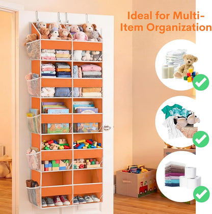 Over The Door Organizer, 5-Tier Extra Large Behind Door Storage with 10 Big Front & 10 Mesh Pockets, 80lb Capacity, Hanging Storage Organizer with Clear Window Kids Toys, Shoes, Diapers, Light Grey