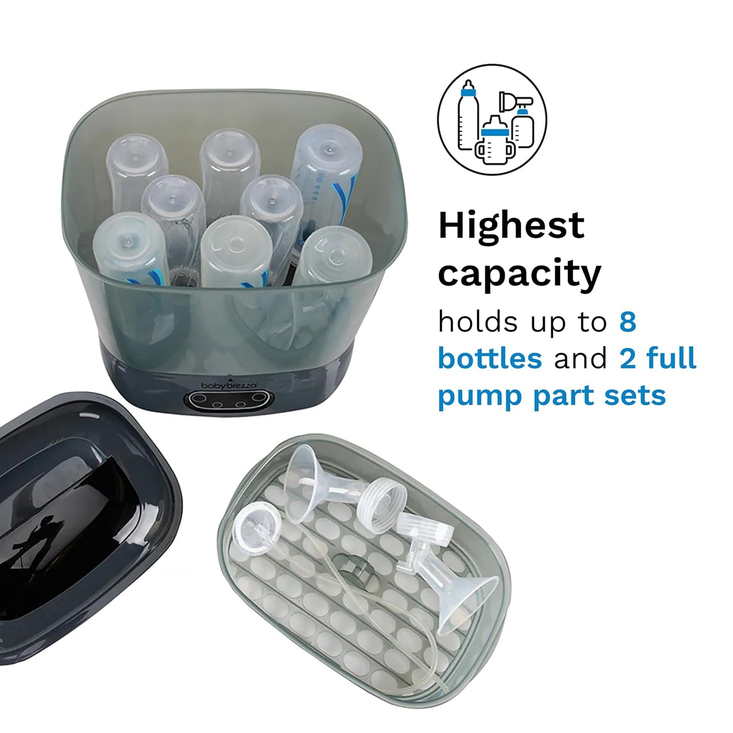 Baby Brezza Bottle Sterilizer and Dryer Advanced – 33% Faster - Largest Capacity Steam Sanitizer - Universal Sterilization Machine for All Bottles + Pump Parts - HEPA Air Filter, Charcoal