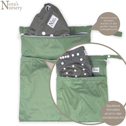 Nora's Nursery Reusable Wet Dry Bag for Cloth Diapers, Washable Pod with Large Zipper Opening, 2-Pack Waterproof Diaper Pods with Detachable Snap, Wet Bags for Cloth Diapers