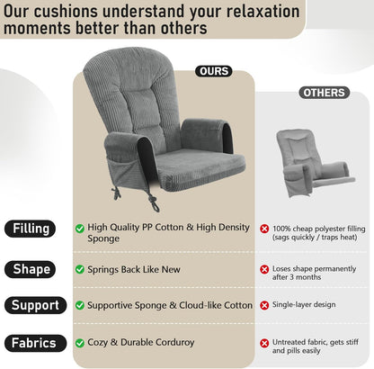 5PCS Glider Rocker Replacement Cushions with Storage Side Pockets, Thickened 3.5IN Seat & Supportive Striped Plush Rocking Chair Cushion Set with Ottoman Cover for Indoor Nursery, Beige