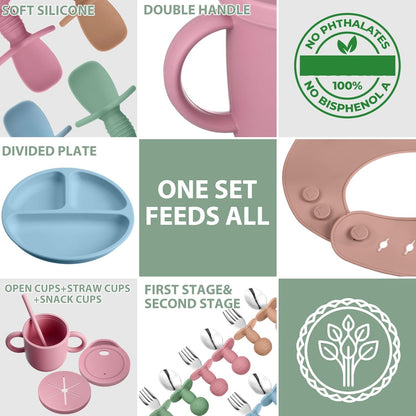 Yinder 32 Pack Silicone Baby Feeding Set Baby LED Weaning Supplies Includes Suction Divided Plates Soft Bowl Spoons Forks Adjustable Bib Snack Cup with Lid and Straws (Soft Color)