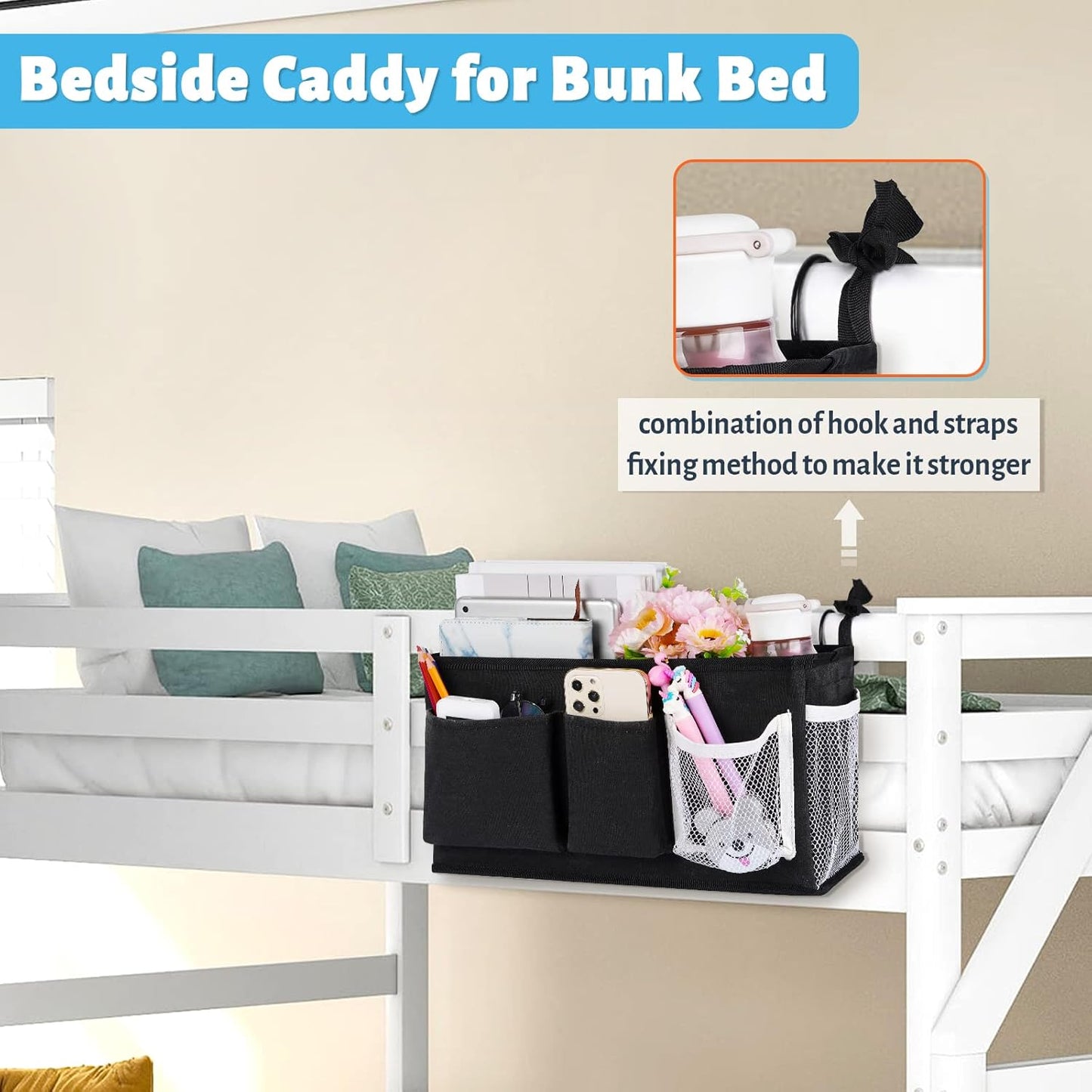 Loghot Bedside Caddy/Bedside Storage Bag Hanging Organizer for Bunk and Hospital Beds,Dorm Rooms Bed Rails,Can be Placed Glasses,Books,Mobile Phones,Keys (White)
