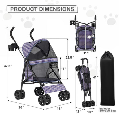 MoNiBloom 4 Wheels Pet Stroller, Easy-Fold Puppy Cage Jogger Stroller with Sun Cover, Pad and Rear Storage Bag, Breathable and Visible Mesh for Small/Medium Pets up to 22 lbs, Black