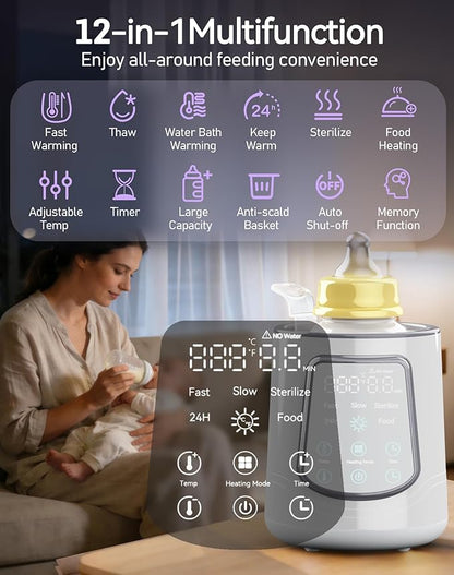 12 in 1 Fast Baby Bottle Warmer with Even Heating No Hot Spots, Night Mode, Sterili-zing, Constant Temp Milk Warmer for Breastmilk & Formula, Fits All Bottles Grey