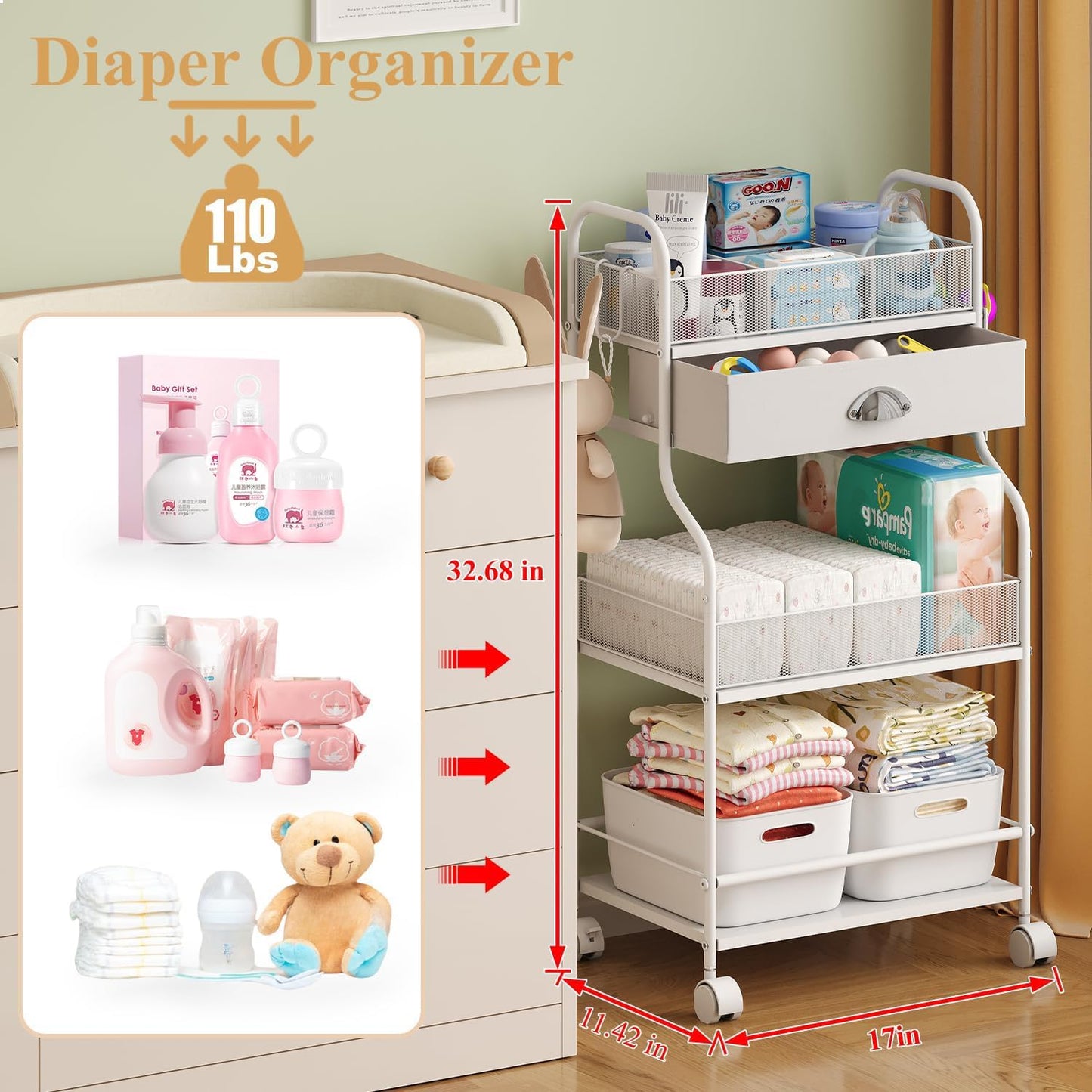 3-Tier Baby Diaper Caddy Cart Organizer,Mobile Nursery Storage Carts with Wheels,With 2 Dividers&14 Mesh Pockets Durable Metal Utility Cart for Nursery, Bedroom, Bathroom, Baby Essentials Organization