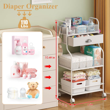 3-Tier Baby Diaper Caddy Cart Organizer,Mobile Nursery Storage Carts with Wheels,With 2 Dividers&14 Mesh Pockets Durable Metal Utility Cart for Nursery, Bedroom, Bathroom, Baby Essentials Organization