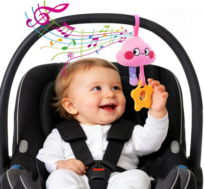 Musical Car Seat Toy for Babies 0-12 Months Girl, 5-in-1 Sensory Activity Hanging Toy Stroller Toy with Soothing Music, Rattle, Mirror for Newborn Infants Essential Gifts, Unicorn