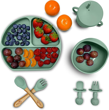 O'doe 17-Piece BPA-Free Silicone Baby Feeding Set | Thick & Soft Suction Plates, Baby Bowls, Wooden Fork & Spoon, and More | Make Mealtime Fun and Easy for Your Little One (Purple, V2)