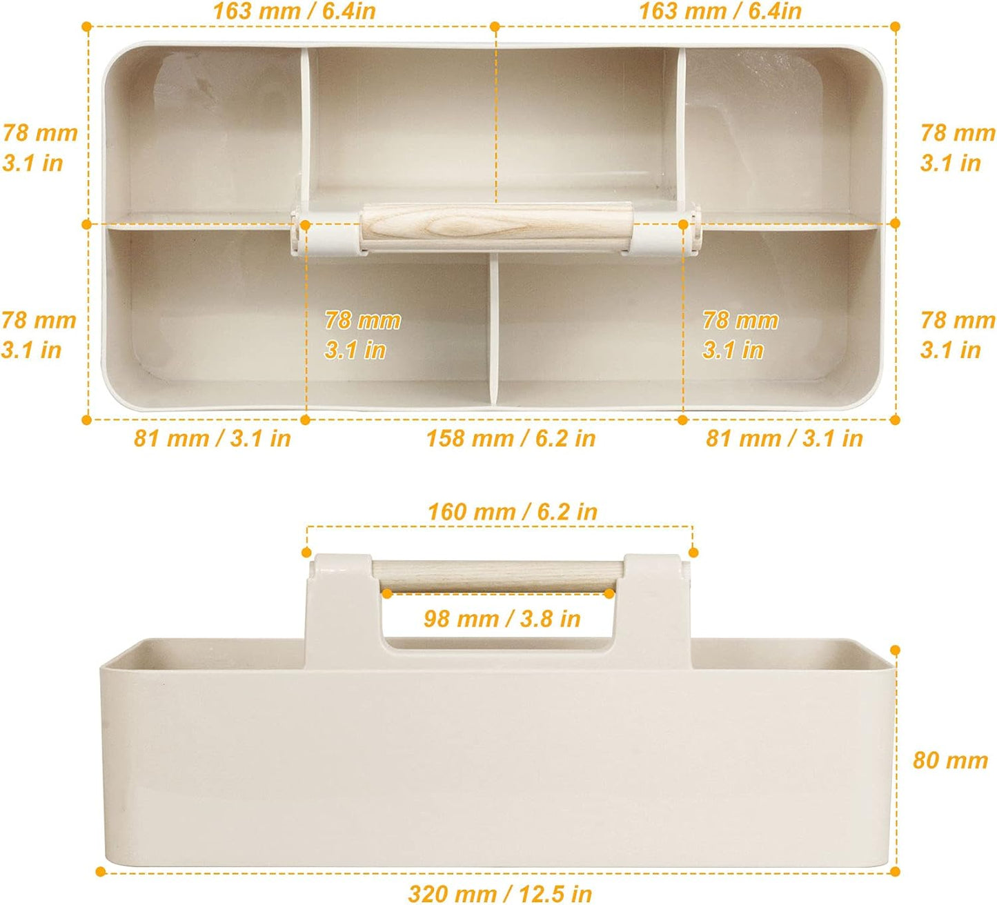 Baby Shower Caddy Plastic Nursery Portable Storage Organizer Caddy Tote for Child/Kids, Divided Basket Bin with Wood Handle for Bathroom, Dorm Room, Holds Hand Soap, Bottles, Spoons (Beige)