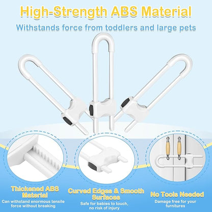Modacraft 10 Pcs Sliding Cabinet Latches, U Shaped Cabinet Door Locks, Baby Cabinet Safety Latches for Baby Proofing, No Drilling Tool-Free Installation Easy to Use for Knobs or Handle Double Door