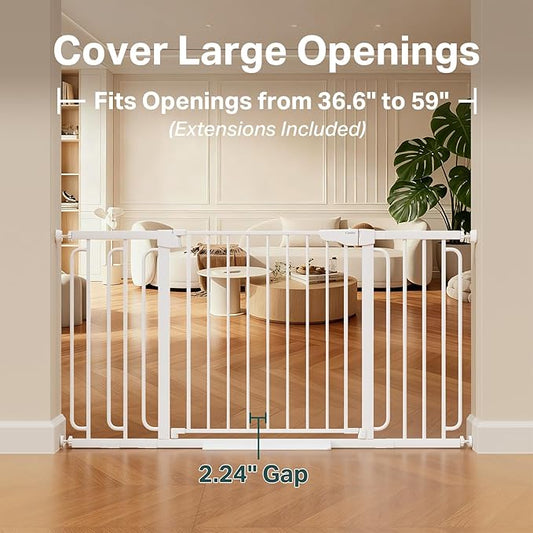 Cumbor 36.6-59" Extra Wide Baby Gate for Stairs, Pressure Mounted Dog Gate for Doorways, Auto-Close Easy Walk Through Safety Child Gate for Kids Toddler, Tall Pet Gates Indoor, White