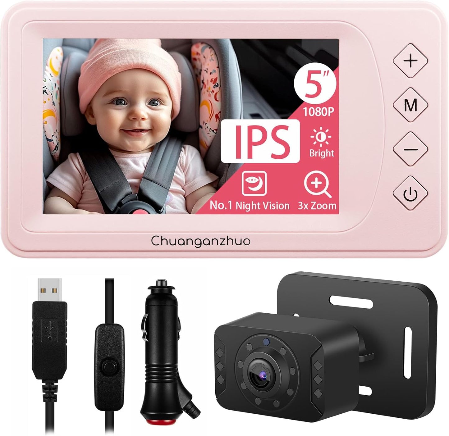5'' Baby Car Camera with NO.1 Night Vision, USB Powered, Mirror/Normal Mode, 1080P IPS Crystal-Clear Car Baby Monitor With Brightness Setting & 3X Zoom, infant Backseat Camera, S100U, 5inch Black