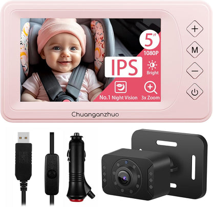 5'' Baby Car Camera with NO.1 Night Vision, USB Powered, Mirror/Normal Mode, 1080P IPS Crystal-Clear Car Baby Monitor With Brightness Setting & 3X Zoom, infant Backseat Camera, S100U, 5inch Black