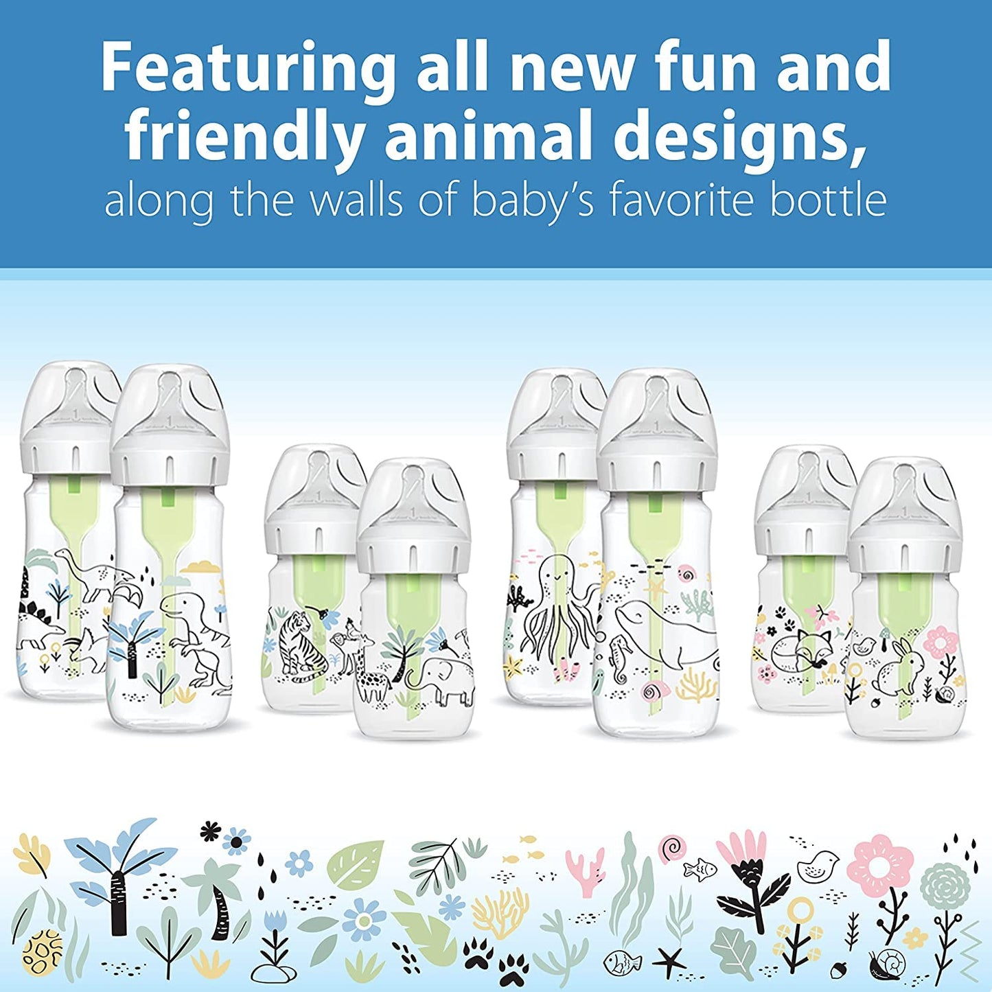 Dr. Brown's Anti-Colic Options + Wide-Neck Baby Bottle Designer Edition Dino Decos, 9oz/270mL, Level 1 Slow Flow Nipple, BPA-Free, 0m+, 2-Pack
