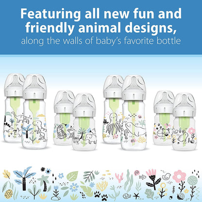 Dr. Brown's Anti-Colic Options + Wide-Neck Baby Bottle Designer Edition Dino Decos, 9oz/270mL, Level 1 Slow Flow Nipple, BPA-Free, 0m+, 2-Pack
