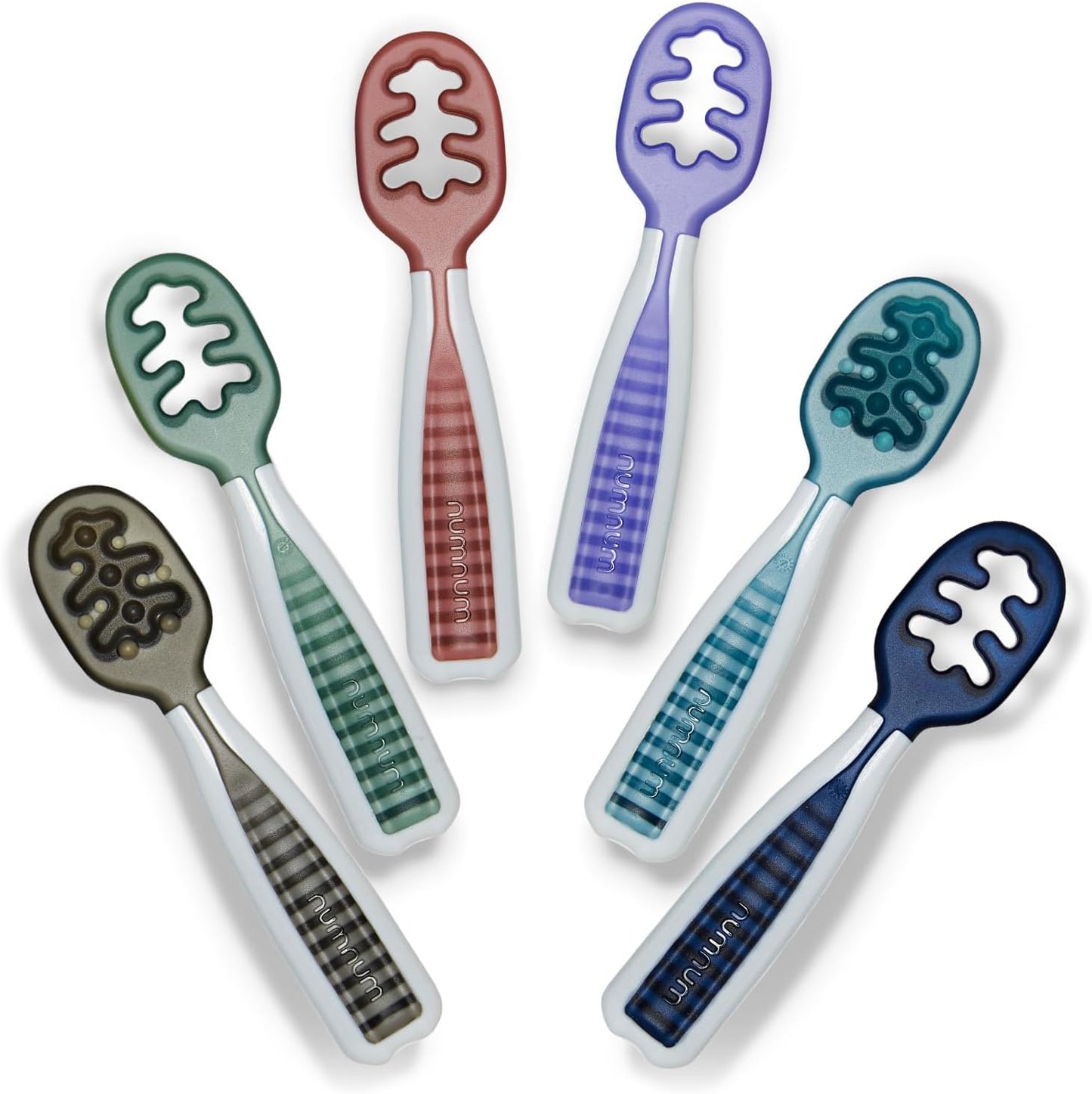 NumNum Baby Spoons Set, Baby Essentials Pre-Spoon GOOtensils for 6+ Months, First Stage Self-Feeding Spoons for Baby Led Weaning (BLW), Silicone Toddler Utensils, BPA-Free, 2 Pack Gray/Green