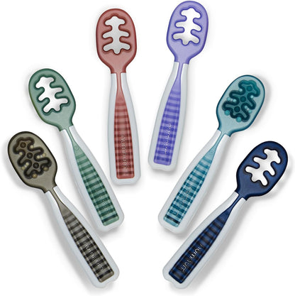 NumNum Baby Spoons Set, Baby Essentials Pre-Spoon GOOtensils for 6+ Months, First Stage Self-Feeding Spoons for Baby Led Weaning (BLW), Silicone Toddler Utensils, BPA-Free, 2 Pack Gray/Green
