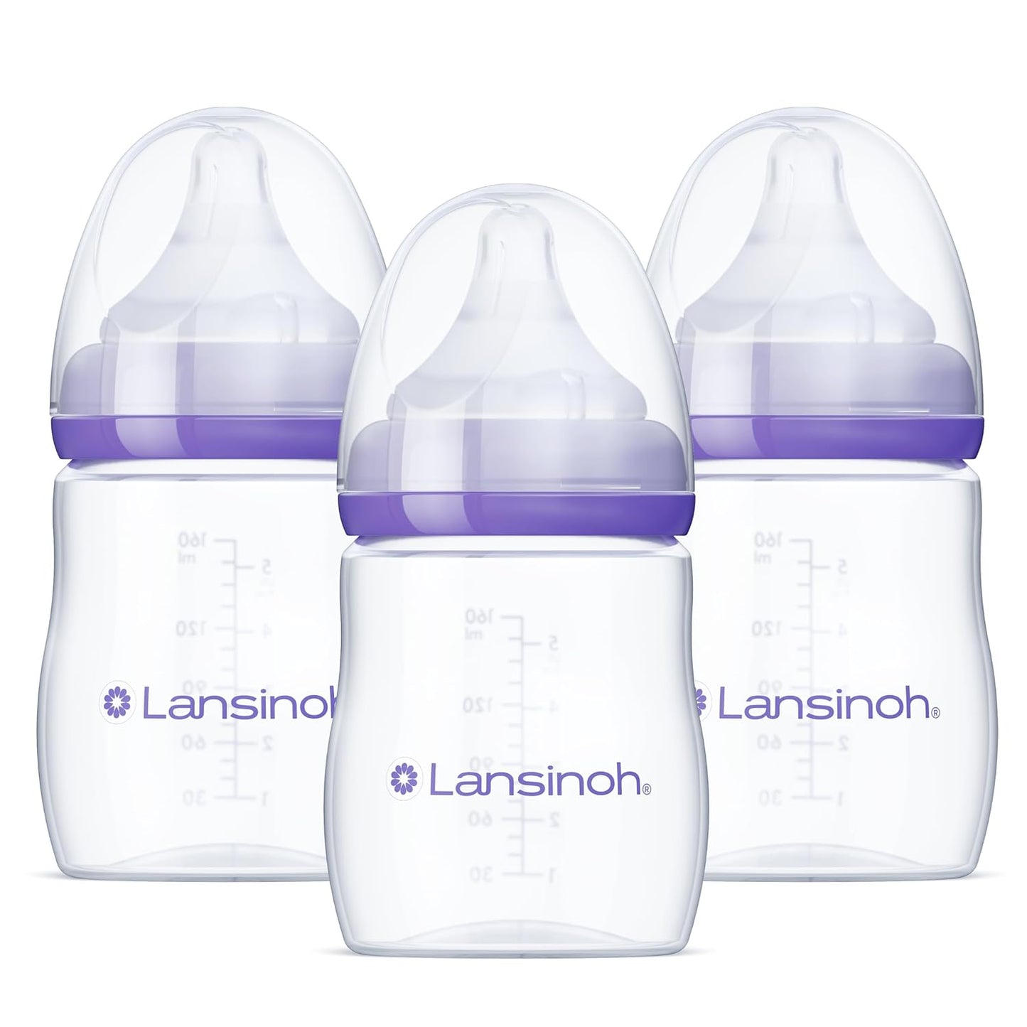 Lansinoh Anti-Colic Baby Bottles, BPA-Free Plastic, 8 Ounces, 3 Count, Medium Flow Nipples (Size M), Breastfeeding Bottle with NaturalWave Design, Baby Essentials
