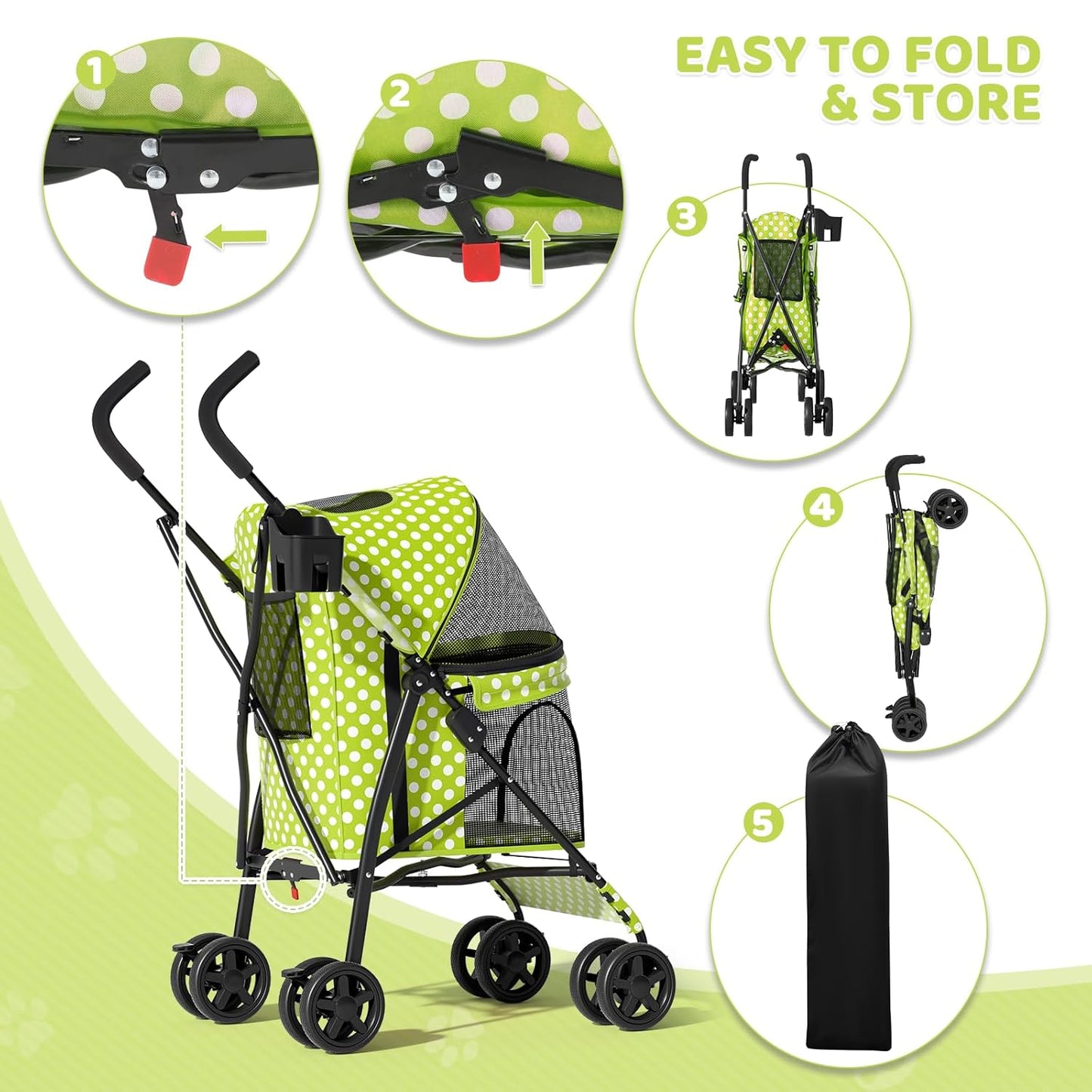 Magshion Compact Pet Stroller for Small-Medium Dogs/Cats up to 22lbs, 4-Wheel Lightweight Umbrella Shaped Portable Puppy Travel Jogger with Breathable Mesh, Cup Holder & Rear Storage, Black