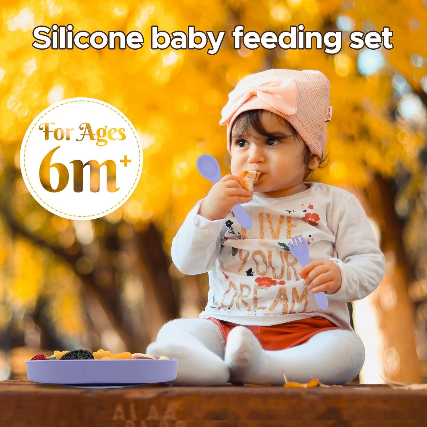 BabyX Baby Silicone Feeder Set, 3-pcs Butterfly-themed Baby Bowl with Suction, Spoon and Fork for Babies Toddler Kids, BPA-Free, Baby Utensils Feeding Supplies, Microwave and Dishwasher Safe