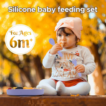 BabyX Baby Silicone Feeder Set, 3-pcs Butterfly-themed Baby Bowl with Suction, Spoon and Fork for Babies Toddler Kids, BPA-Free, Baby Utensils Feeding Supplies, Microwave and Dishwasher Safe