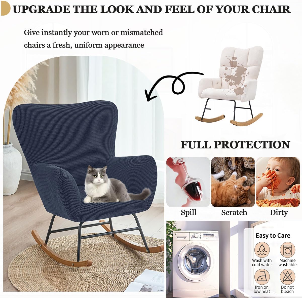 Levoberg Nursery Rocking Chair Cover Stretch Rocker Glider Chairs Cover Slipcovers Jacquard Rocking Accent Chair Cover Recliner Armchair Slipcover for Nursery Living Room Bedroom Office Black