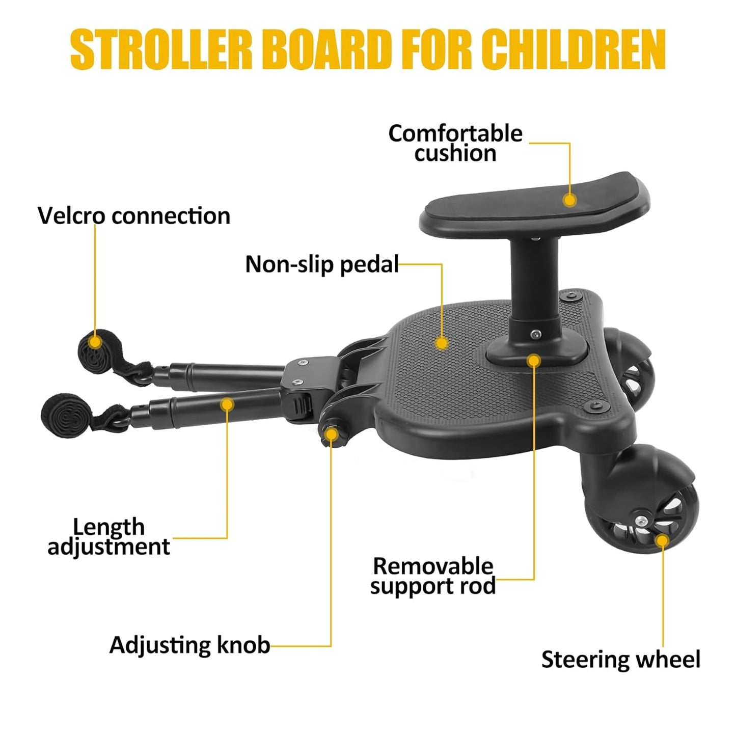 2026 New-Universal Stroller Board with Detachable Seat, 2in1 Sit and Stand Stroller Connectors for Most Strollers, Holds Children Up to 55 LBs Stroller Standing Board(Black)