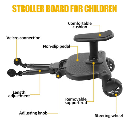 2026 New-Universal Stroller Board with Detachable Seat, 2in1 Sit and Stand Stroller Connectors for Most Strollers, Holds Children Up to 55 LBs Stroller Standing Board(Black)
