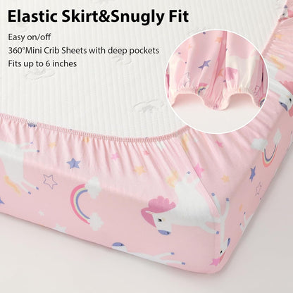 Baby Mini Crib Sheets Girl, Portable 38”x26” Pack and Play Sheets Fitted for Playard and Pack N Play Mattress, 3-Pack Soft Microfiber Pink Rainbow
