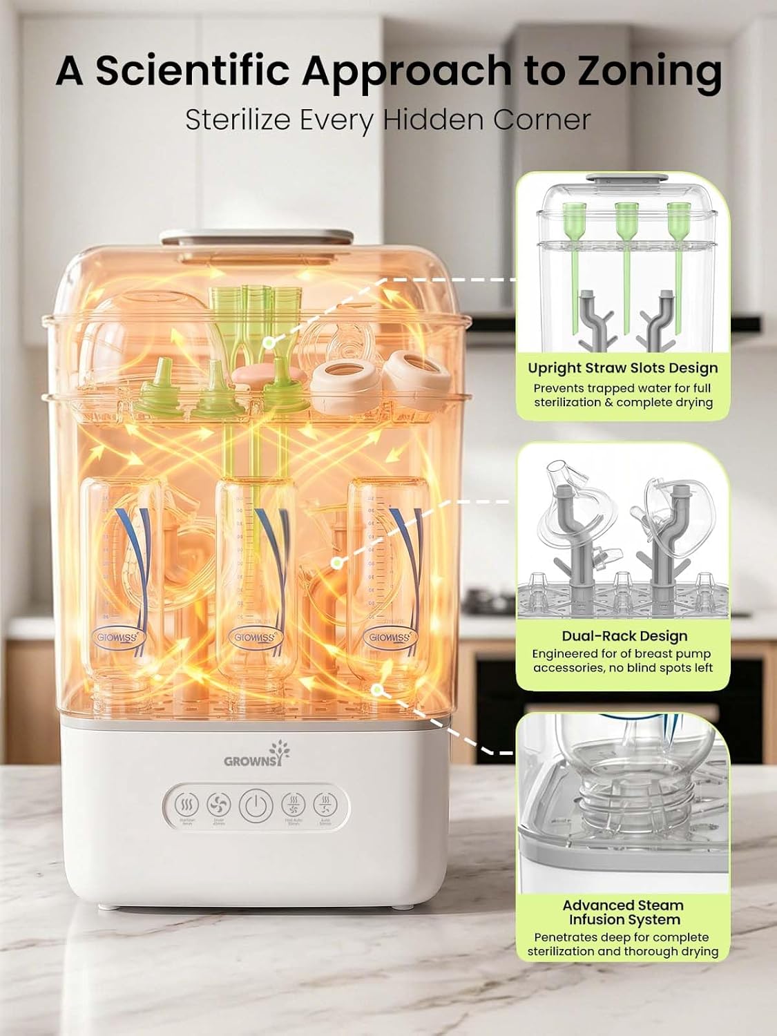 Grownsy 3 Layers-Large Bottle Sterilizer and Dryer, Holds 6 to10 Bottles, Nesting Design Bottle Sanitizer Esterilizador de Biberones for Breast Pump Sterilizer Bags Bottle Brush Included
