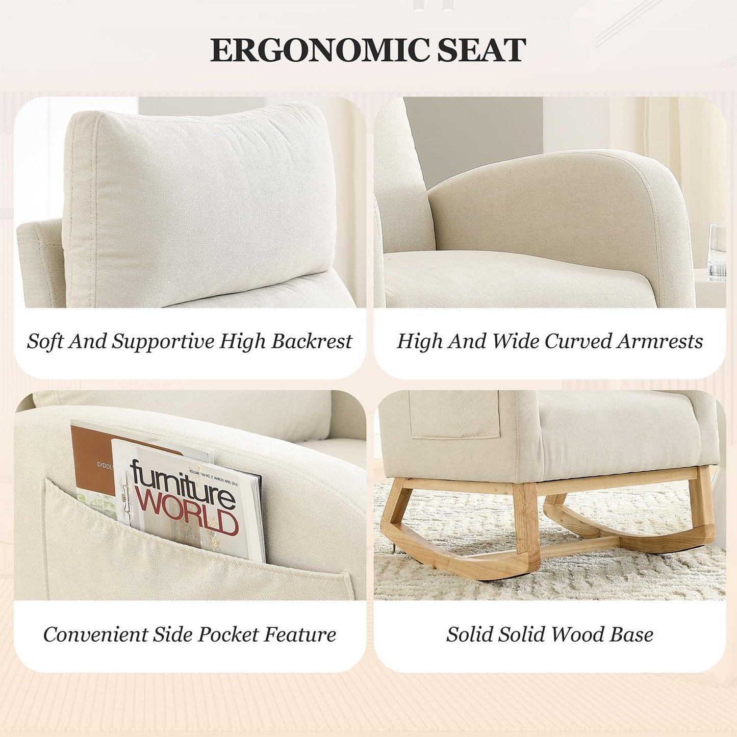 Rocking Chair Nursery, Glider Chair with High Back and Side Pocket, Solid Wood Frame Armchair with Non-Slip Padding for Nursery, Living Room, Bedroom (Ivory)