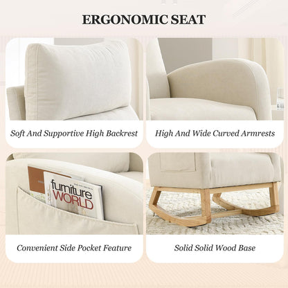 Rocking Chair Nursery, Glider Chair with High Back and Side Pocket, Solid Wood Frame Armchair with Non-Slip Padding for Nursery, Living Room, Bedroom (Ivory)