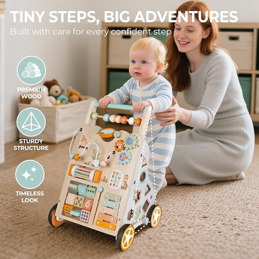 Baby Push Walker, Wooden Baby Walker with Wheels, Montessori Activity Center for 1 2 3 Years Old Boys Girls, Adjustable Speed & Height Push Toy for Toddler Learning to Walk, Kids Development Gift