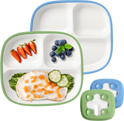 Domensi Kids Porcelain Plates with Silicone Sleeves 8.2 Inch Divided Porcelain Plate Toddler White Suction Dishes for Baby Troubleless Eating Microwave Dishwasher Safe(Stylish,3 Set)