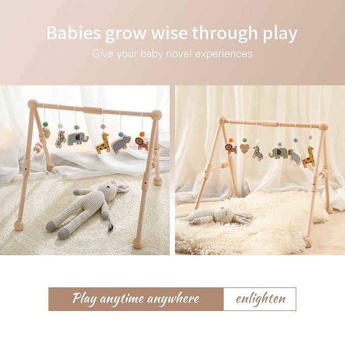 Wooden Baby Gym with 6 Gym Toys, Detachable Wooden Play Gym Frame Activity Gym Hanging Bar Baby Toys for Activity Gym, Ages Newborn + (Zoo Themes)