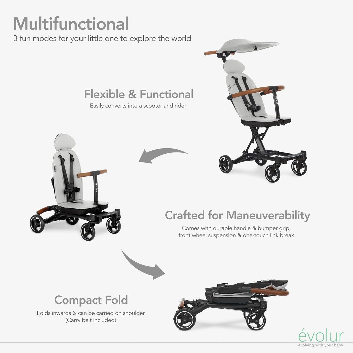 Evolur Cruise Rider Stroller with Canopy, Lightweight Umbrella Stroller with Compact Fold, Easy to Carry Travel Stroller - Cognac