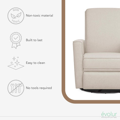 Evolur Raleigh Upholstered Manual Glider Recliner– Rocking & 360° Swivel with Smooth Glide – Greenguard Gold & FSC Certified – Modern Nursery and Living Room Chair in Light Sand