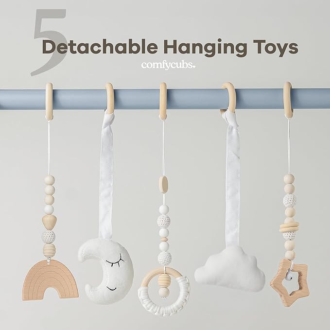 Comfy Cubs Wooden Baby Play Gym - Natural Finish Pinewood Baby Activity Gym with 5 Sensory Hanging Toys - Easy No-Tool Assembly, Safe and Durable for Infant Motor and Visual Development - Pacific Blue