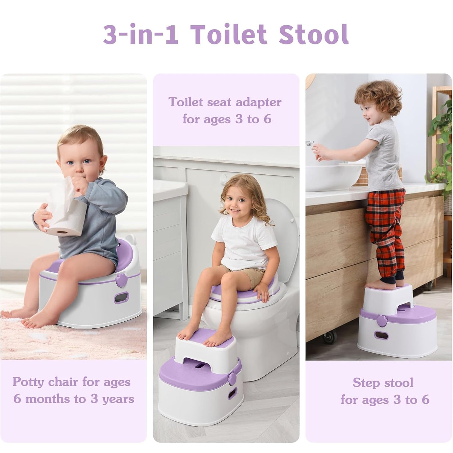 3-in-1 Potty Training Toilet, Portable Potty, Potty Training Seat and Toddler Step Stool, Easy Setup and Clean, Anti-Slip Toddler Potty Trainer for Boy Girl,Grey