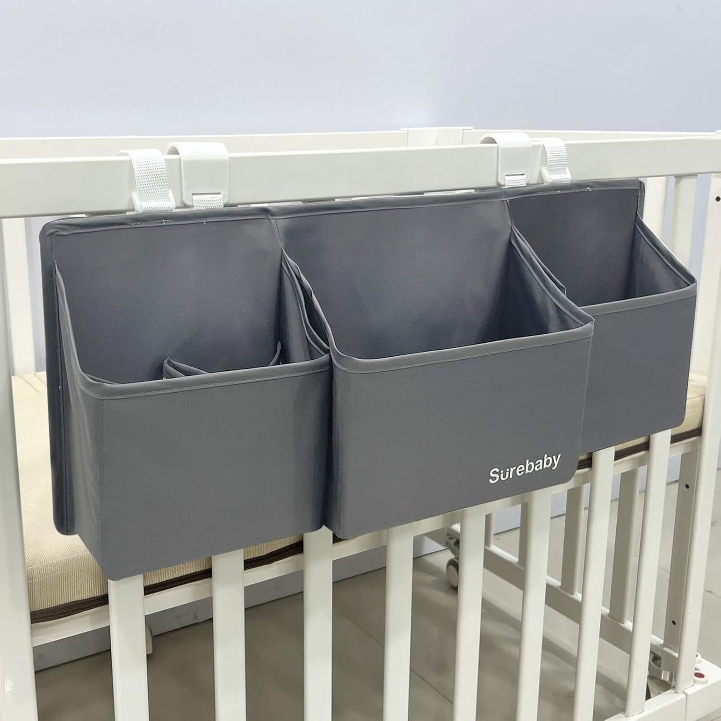 Hanging Baby Diaper Caddy, 3-in-1 Diaper Caddy Organizer Holder For Baby Crib, Nursery Organization Diaper Stacker Storage For Crib, Changing Table-Grey