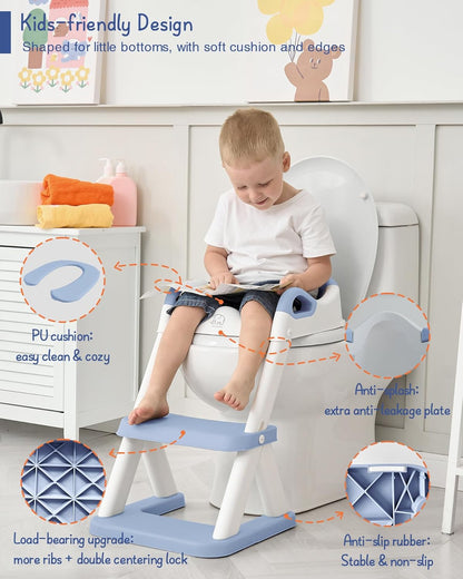 Forbena Toddler Potty Training Seat with Step Stool Ladder, Toilet Potty Seat for Baby Boys Girls Toddlers, Kids Chair Stairs with Handles and Soft Cushion (White and Grey)